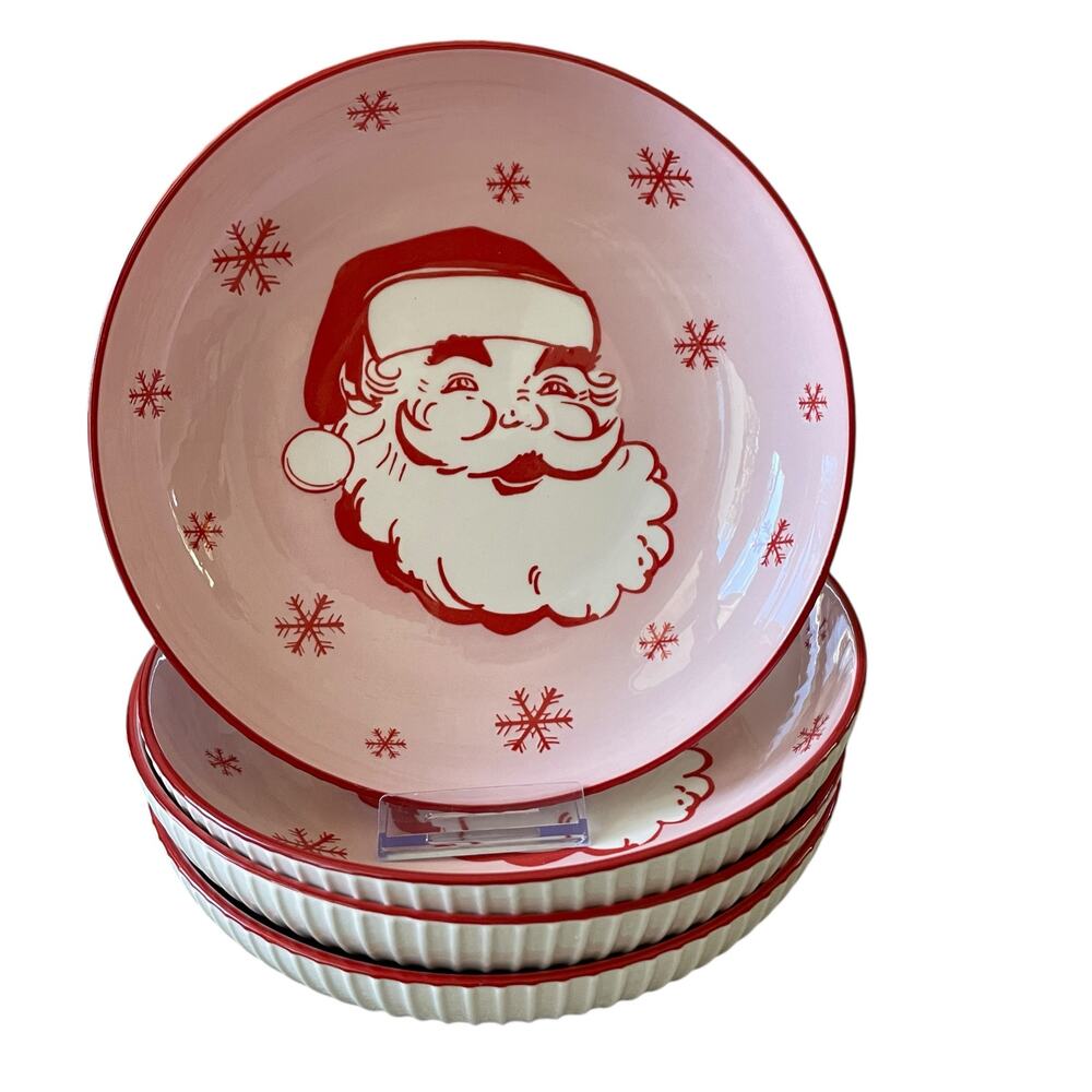 Christmas JOLLY SANTA Dinner Bowl Set of 4 Ceramic Pink Red PrimaDesign Holiday
